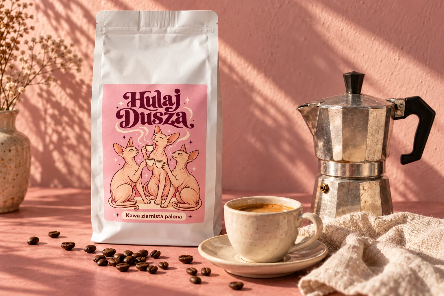 Wizualizacja białego opakowania kawy Hulaj Dusza na różowym stole z kawiarką i espresso